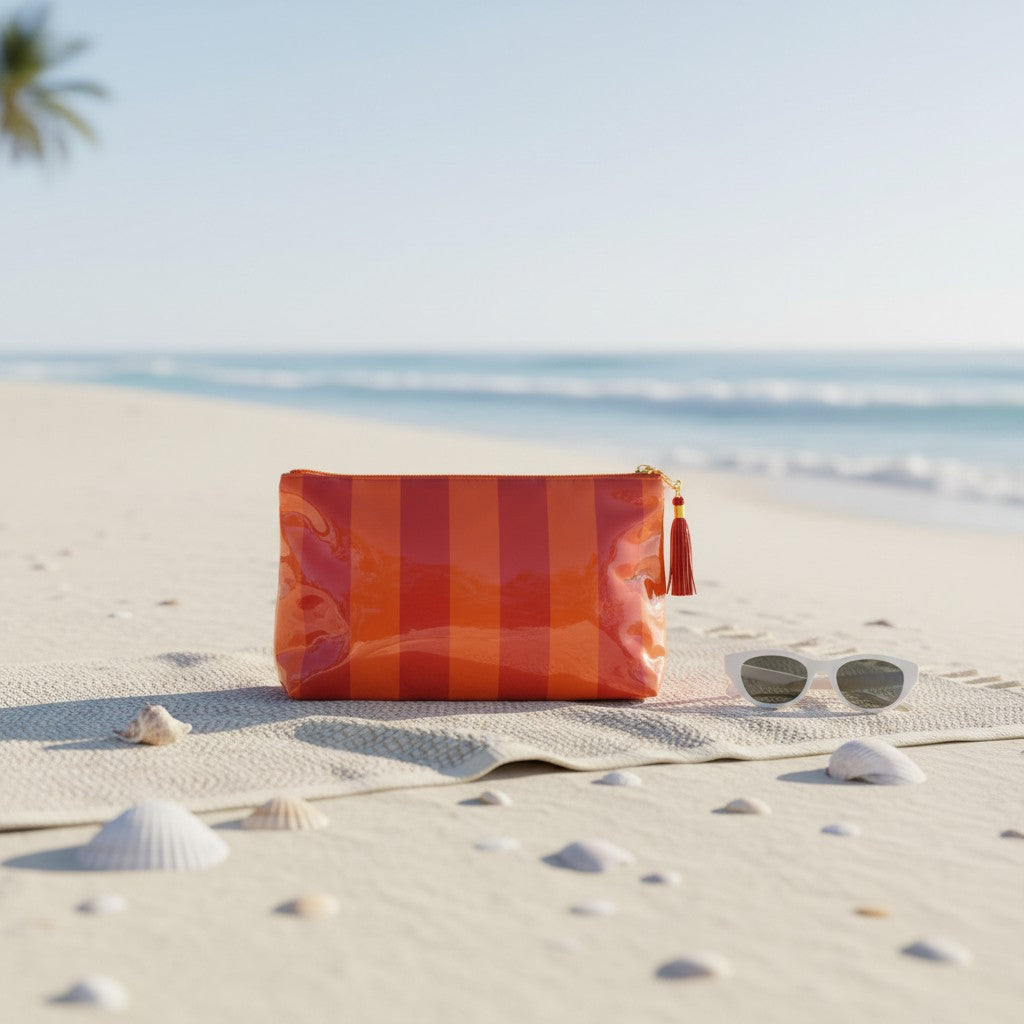 Striped pouch on a sandy beach with ocean view