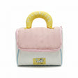 Pink pet carrier with yellow handle featuring 'LOBLISS' branding, displayed on a table.