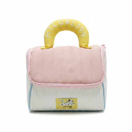 Pink pet carrier with yellow handle featuring 'LOBLISS' branding, displayed on a table.