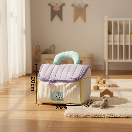 Small quilted bag with dimensions in a child's room