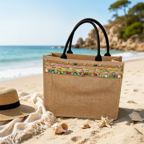 Handmade jute beach bag with colorful woven trim and beaded starfish charm, Jack Gifts Online Lebanon