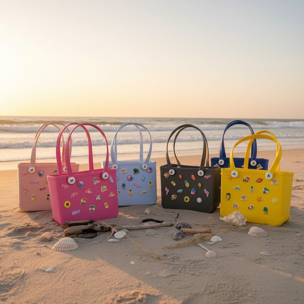 Five colorful handbags with beach-themed designs on a sandy beach at sunset.
