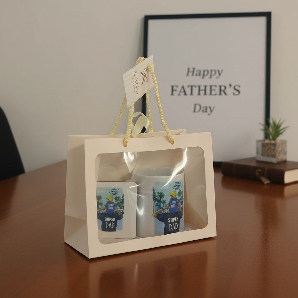 Two mugs in a gift bag with 'Super Dad' design on a wooden surface, framed by 'Happy Father's Day' text.