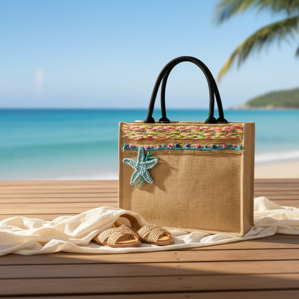 Handmade jute beach bag with woven trim and crocheted turquoise starfish, Jack Gifts Lebanon