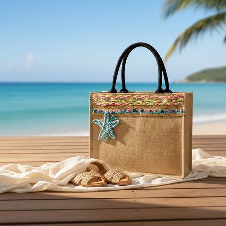 Handmade jute beach bag with woven trim and crocheted turquoise starfish, Jack Gifts Lebanon
