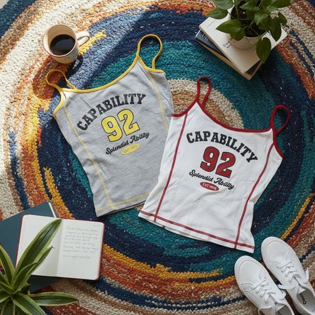 Two tank tops with 'CAPABILITY 92' text on a colorful rug with books and a cup.