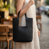 Black Woven Tote Bag Set with Inner Pouch