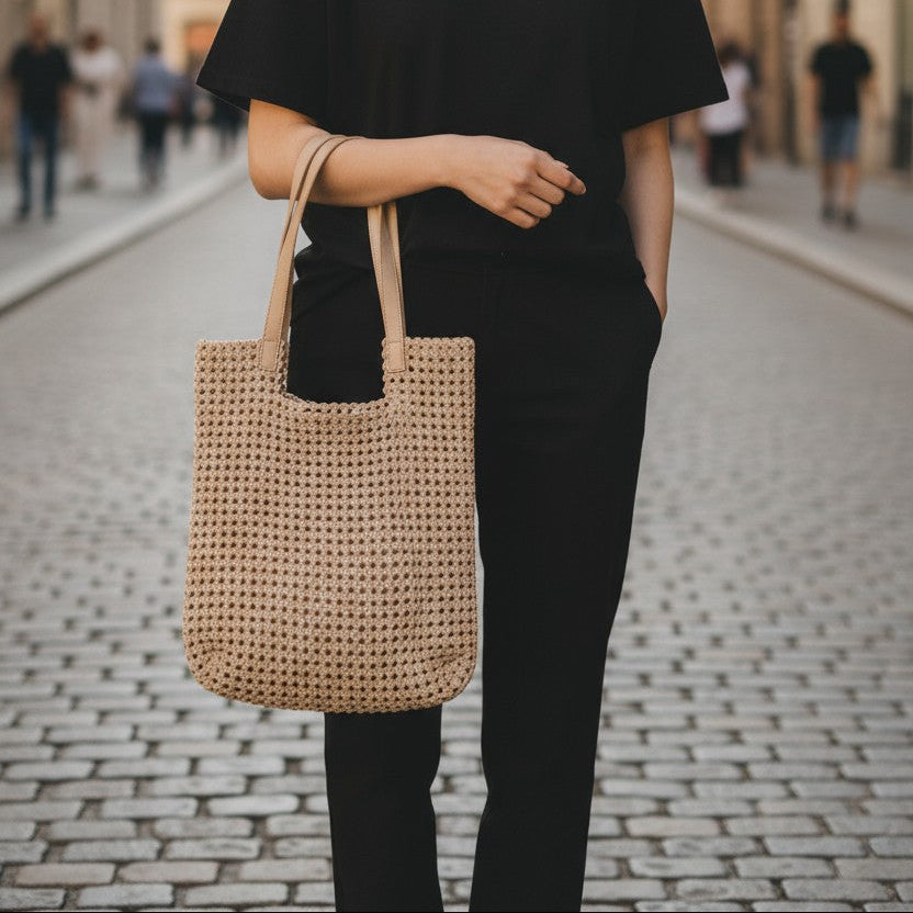 Beige Woven Tote Bag Set with Inner Pouch