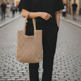 Beige Woven Tote Bag Set with Inner Pouch