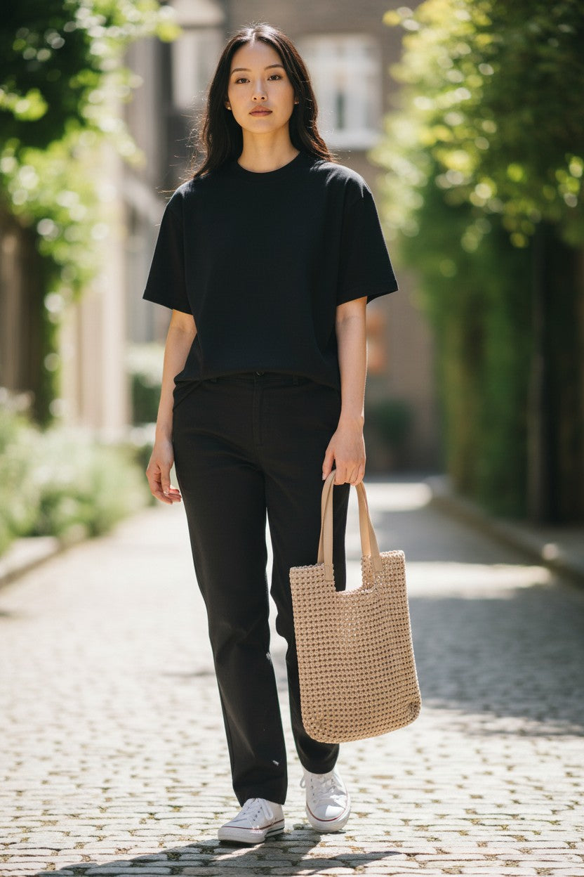 Beige Woven Tote Bag Set with Inner Pouch