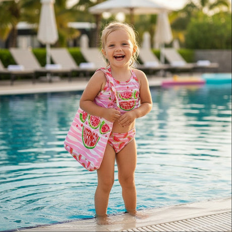 Child in a pink swimsuit with watermelon design standing by a pool.