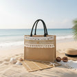 Handmade jute beach bag with white and gold trim, tassel fringe detail, Jack Gifts Online Lebanon