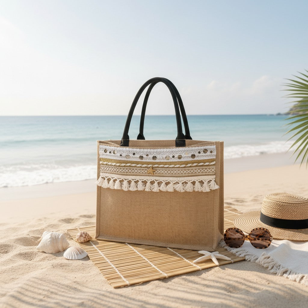 Handmade jute beach bag with white and gold trim, tassel fringe detail, Jack Gifts Online Lebanon
