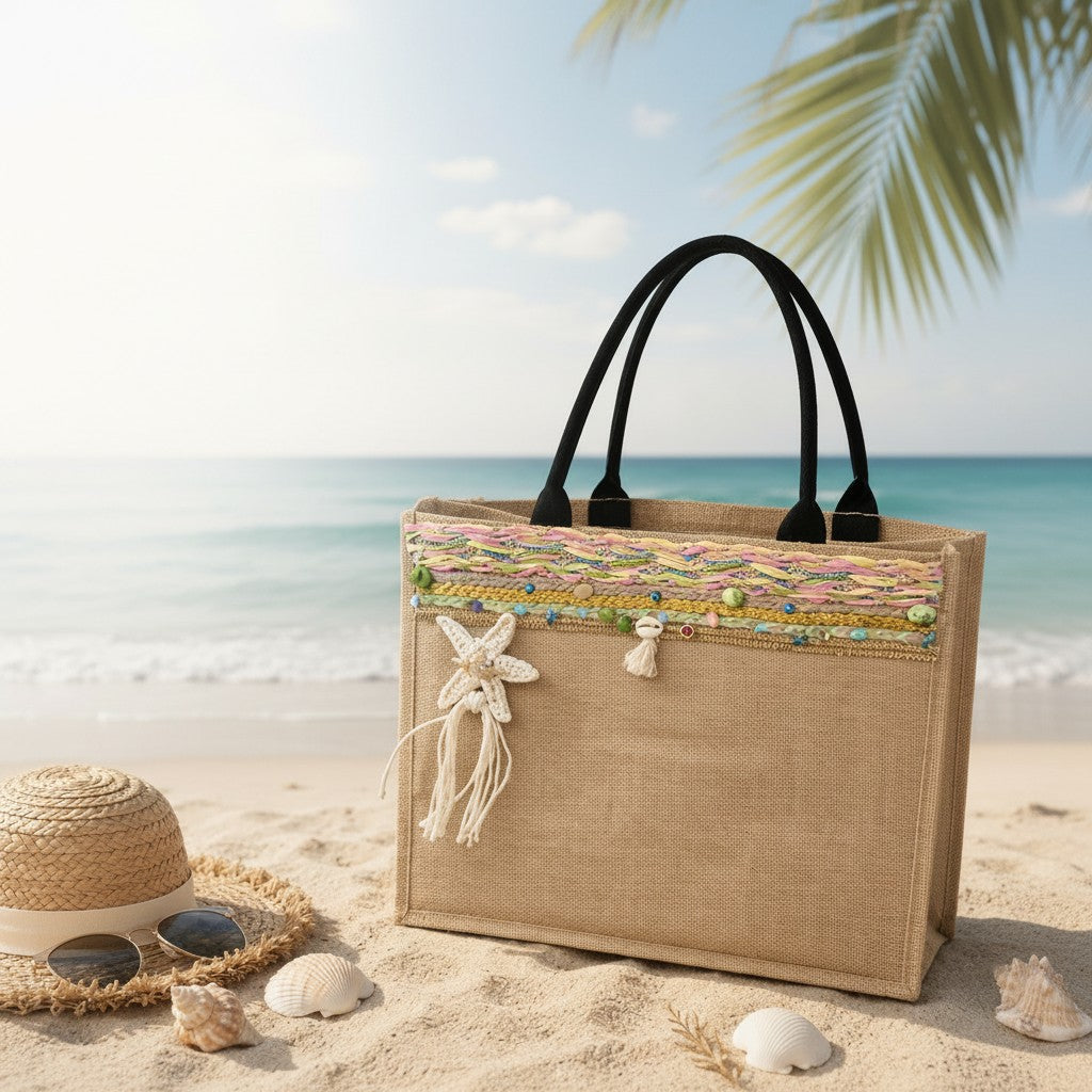 Handmade jute beach bag with woven trim and crocheted white starfish charm, Jack Gifts Lebanon