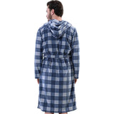 Back view of the blue checkered fleece robe showing the hood and belt loops