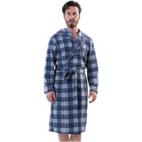 Front view of the blue checkered fleece robe with the hood resting on the shoulders