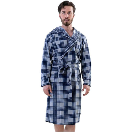 Front view of the blue checkered fleece robe with the hood resting on the shoulders