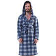 Man wearing a blue and grey checkered hooded fleece robe