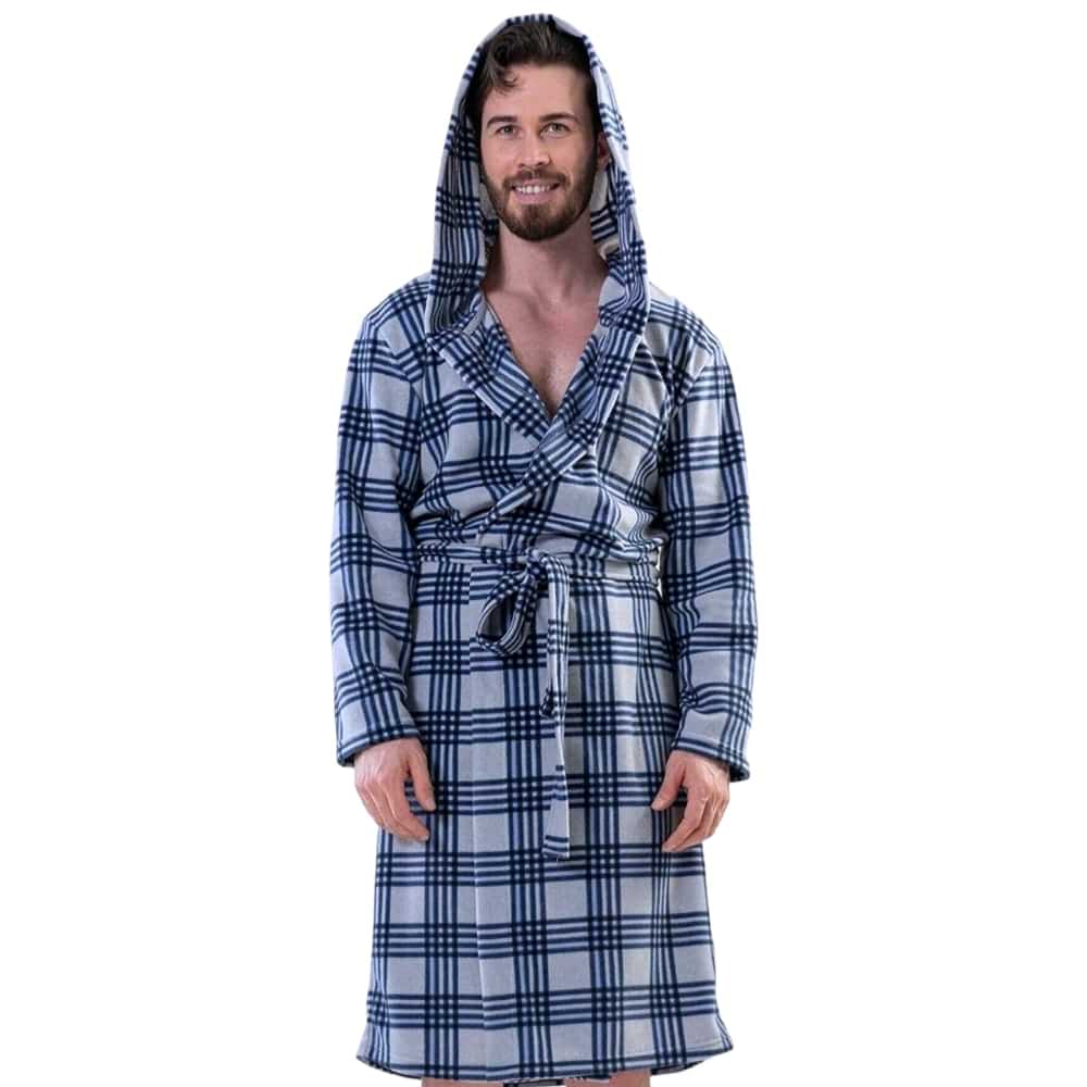 Man wearing a blue and grey checkered hooded fleece robe