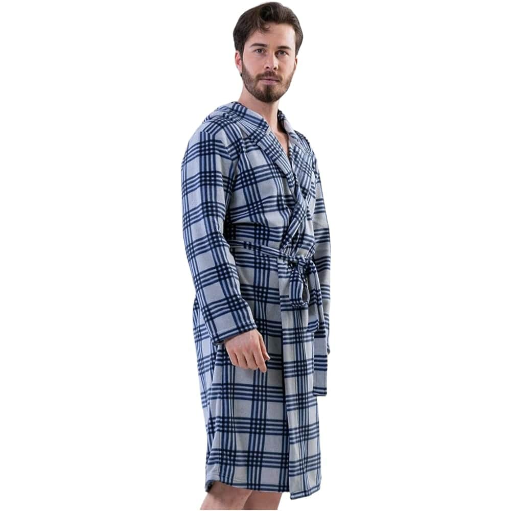 Blue checkered fleece robe seen from the side with the hood down and belt tied