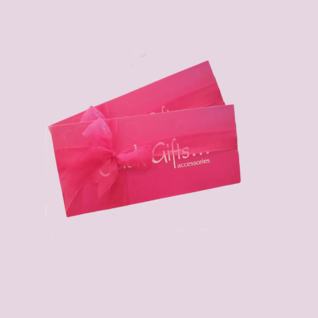 Pair of pink gift card envelopes tied with a sheer pink organza ribbon bow, printed with a pale script logo.
