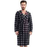 Front view of the grey checkered fleece robe with tie belt and red trim detail
