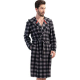 Grey checkered fleece robe worn with hand in pocket, red collar trim visible