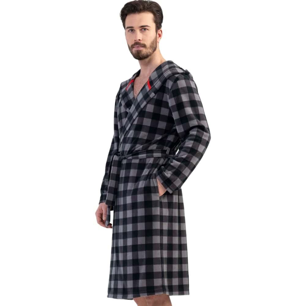 Grey and black checkered fleece robe seen from the side with the hood down