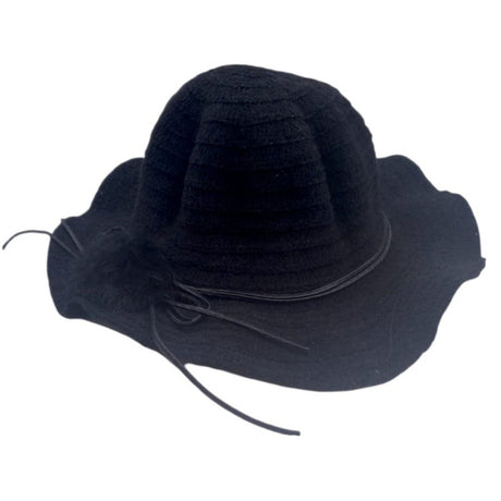 Black wavy brim hat with a tie cord laid on white