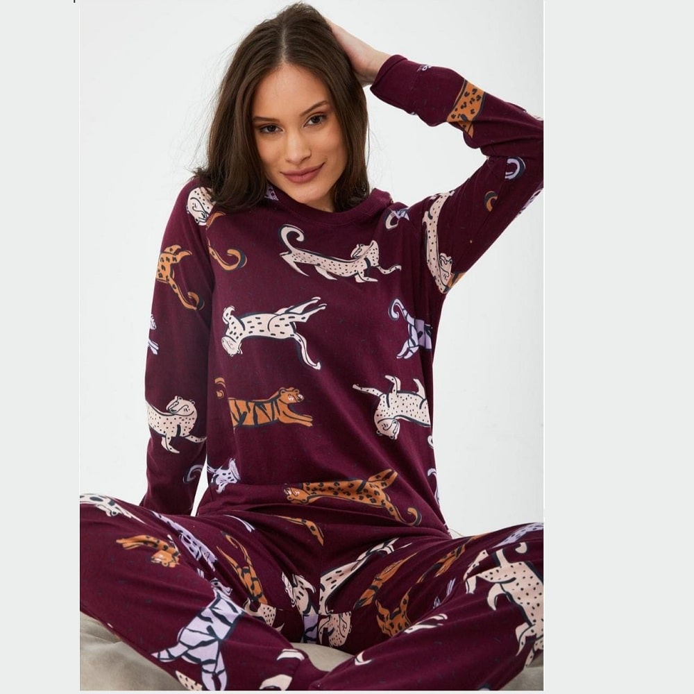 burgundy Cheetah Pattern Cotton PJ