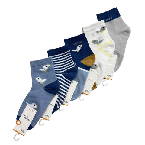 Cute Bird and Striped Blue-Grey Socks Set