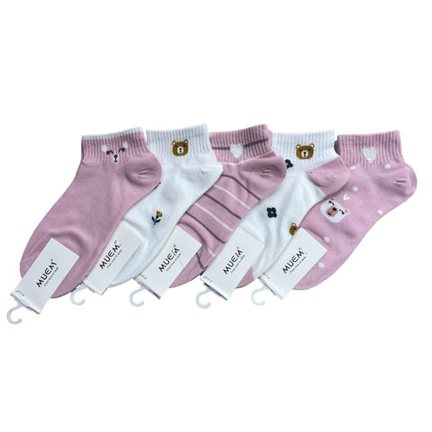 Cute Bear And Striped Pink-White Socks Set 1