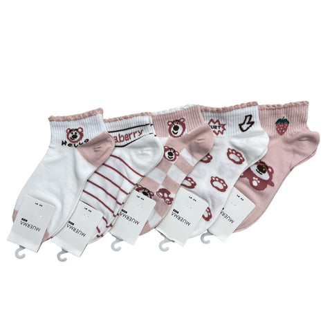 Cute Bear and Striped Pink-White Socks Set