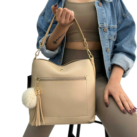 Beige Pompom Bag