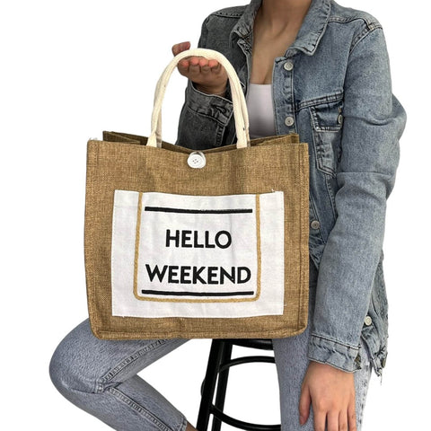 White "Hello Weekend" Canvas Bag