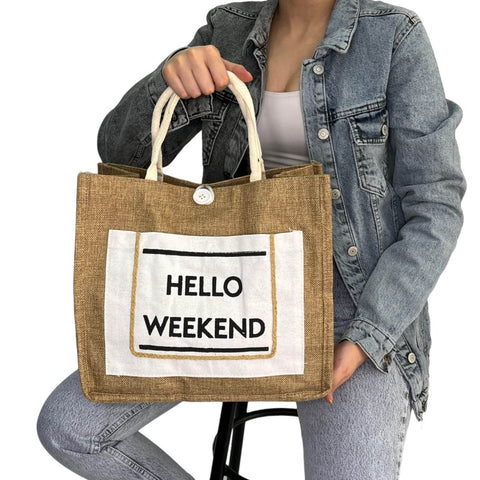 White "Hello Weekend" Canvas Bag