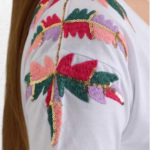 White Leaf Embroided T-Shirt